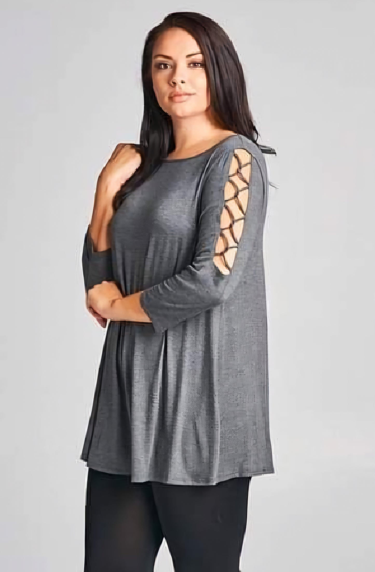 Plus Gray Criss-cross 3/4 Sleeve Top