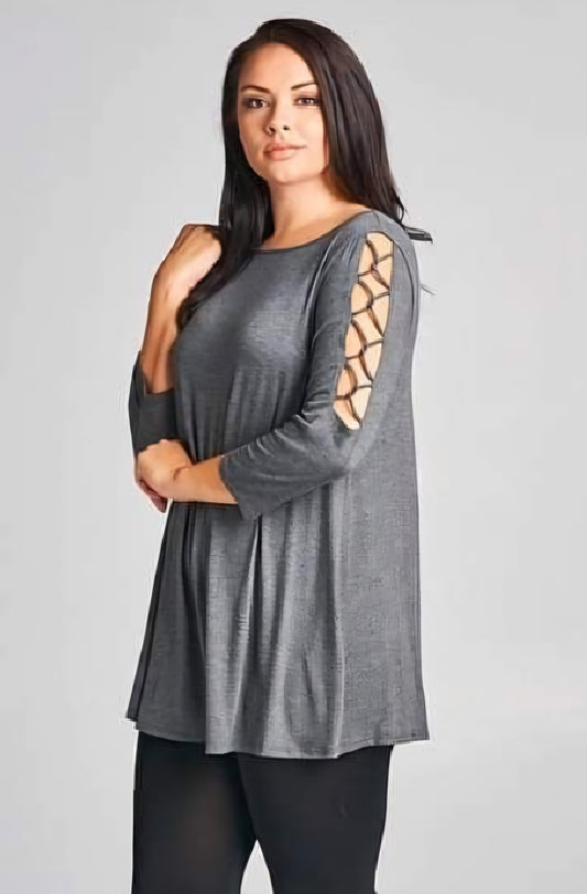 Plus Gray Criss-cross 3/4 Sleeve Top