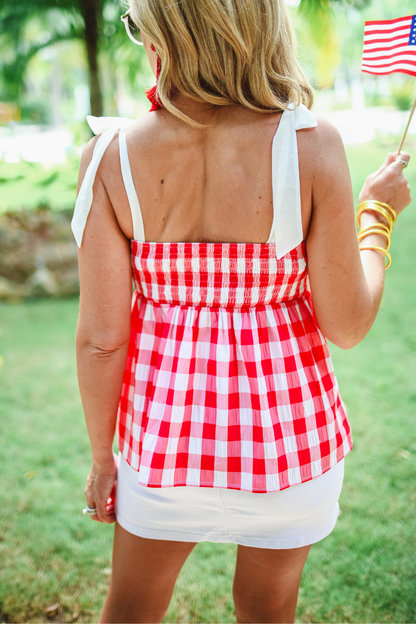 Jess Lea Red White Checkered Tie Shoulder Top