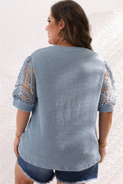 Plus Blue Waffle Crochet Short Sleeve Top