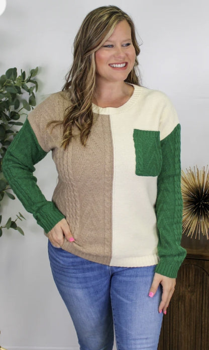 Cream Green Khaki Colorblock Sweater