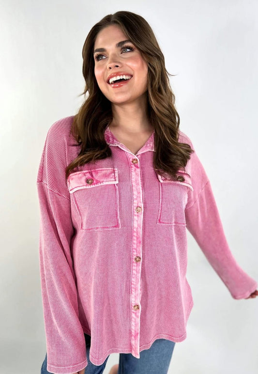 Jess Lea Pink Waffle Button Down Shacket