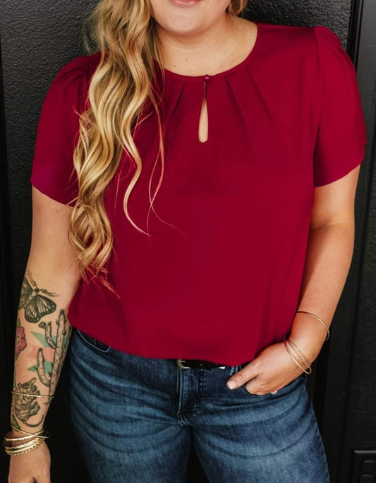 Plus Deep Red Keyhole Neckline Short Sleeve Top