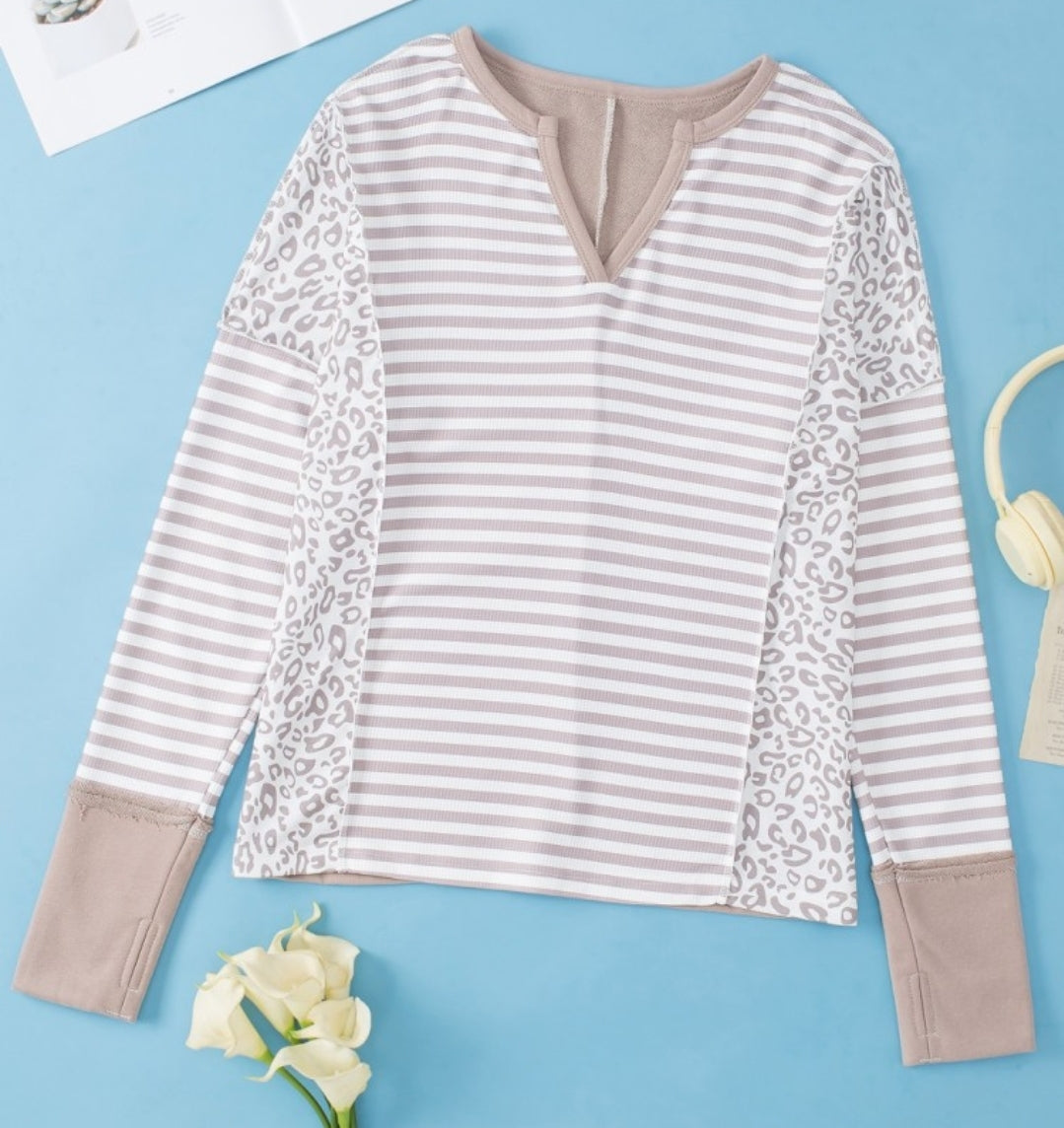 Khaki White Striped Leopard Print V-neck Long Sleeve Top