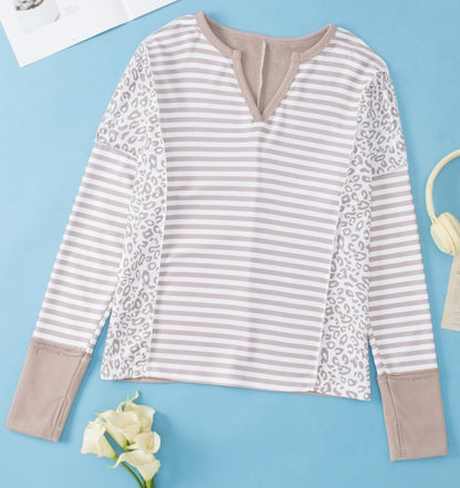 Khaki White Striped Leopard Print V-neck Long Sleeve Top
