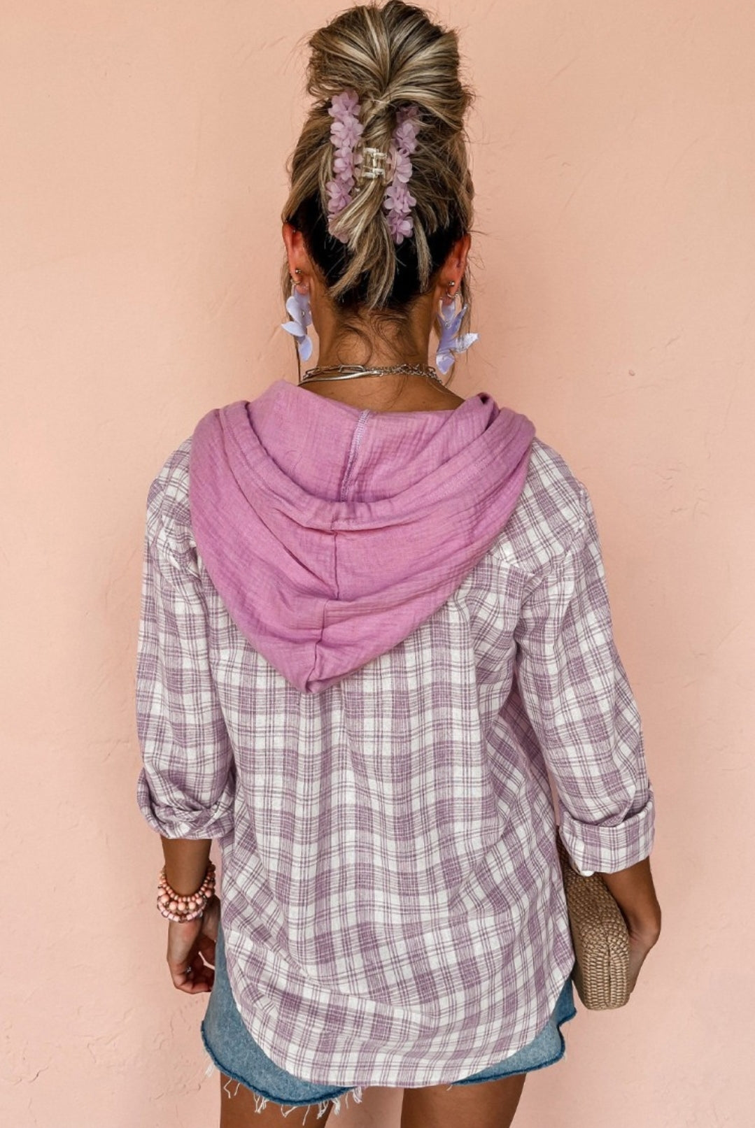 Lightweight Purple Plaid Hooded Button Down Shacket