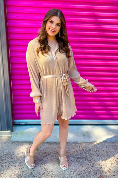Jess Lea Neutral Pleated Shirt Dress