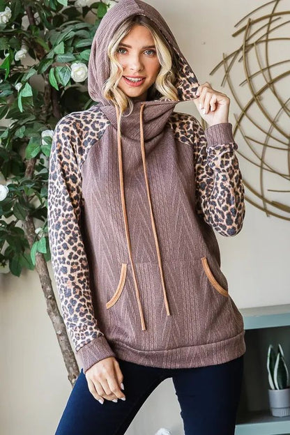 7th Ray Mushroom Cable Knit Hoodie Animal Print Contrast