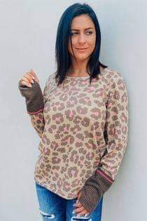 Brown Pink Leopard Waffle Long Sleeve Top