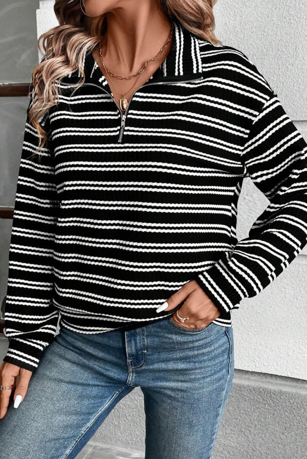 Black White Striped Textured Quarter Zip Long Sleeve