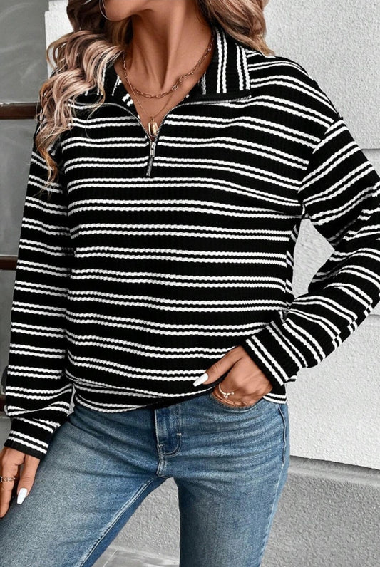 Black White Striped Textured Quarter Zip Long Sleeve