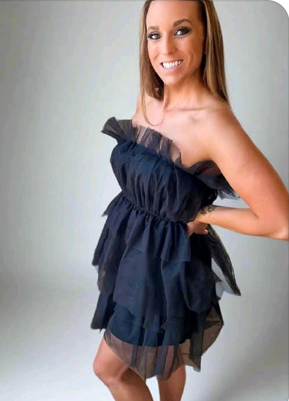 Bibi Black Mesh Tiered Strapless Party Dress