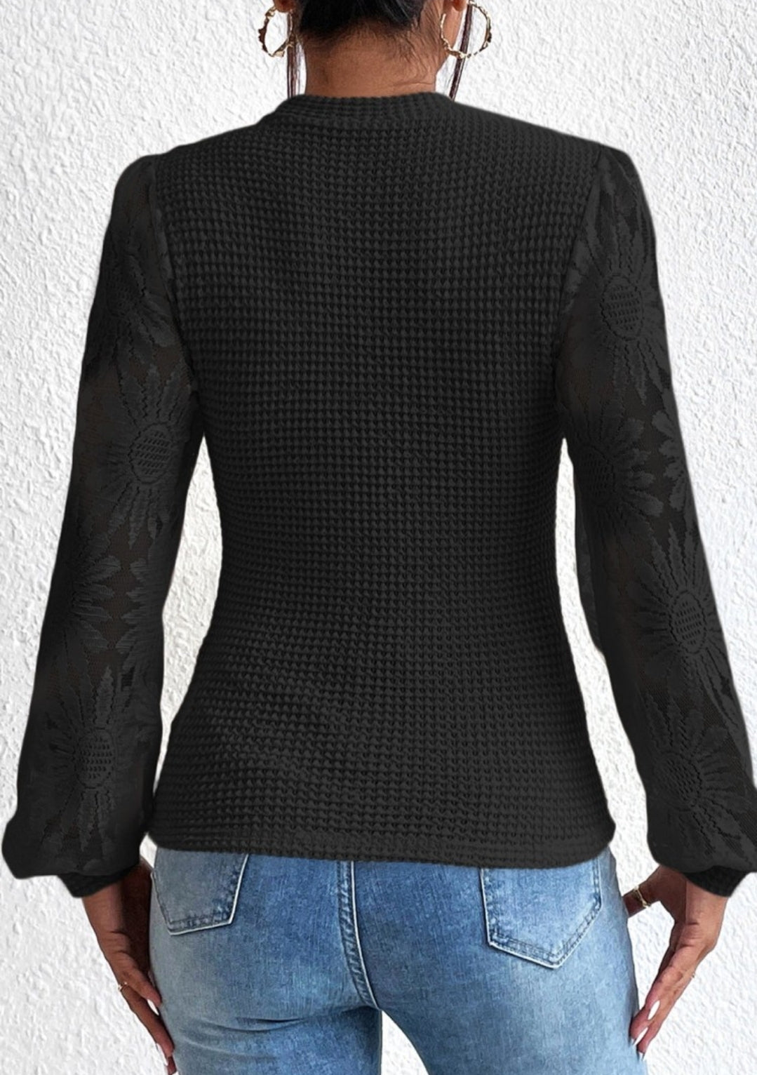 Black Waffle Long Sleeve Floral Design on Sleeves