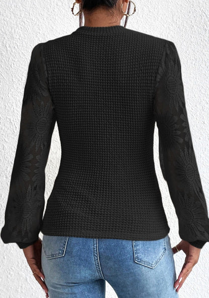 Black Waffle Long Sleeve Floral Design on Sleeves