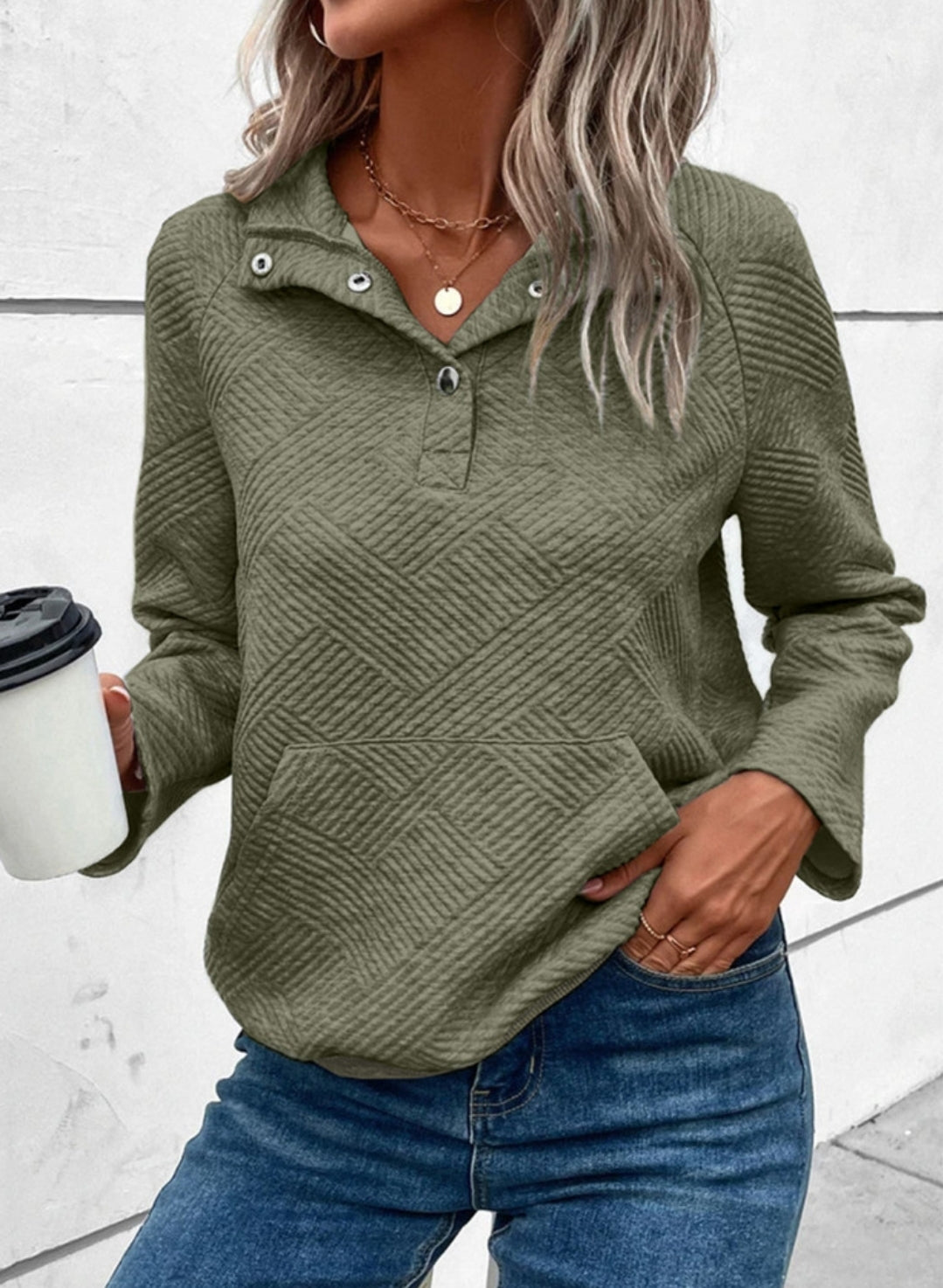 Green Textured Lightweight Long Sleeve Top Kangaroo Pouch