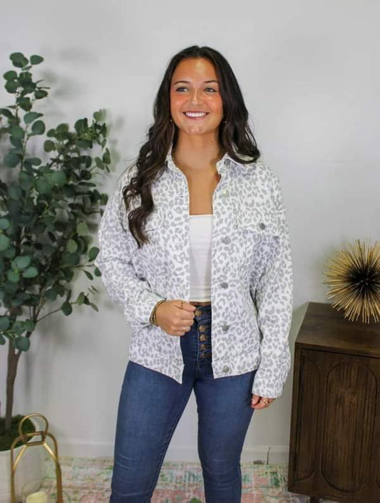 White & Gray Leopard Denim Jacket