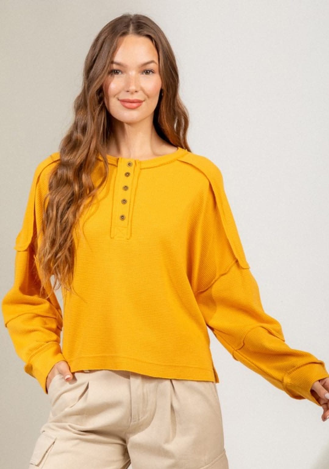 Gold Honey Waffle Henley Long Sleeve Top
