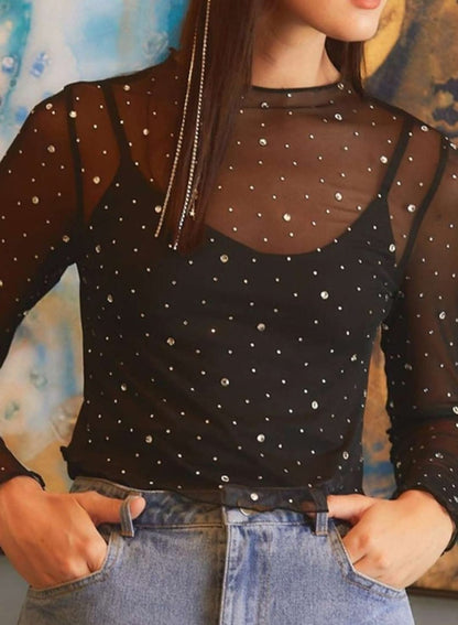 Black Sheer Long Sleeve with Rhinestones