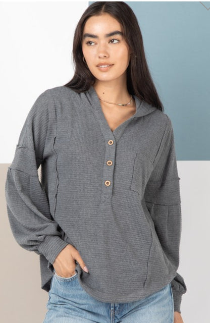 Very J Waffle Lightweight Hoodie Long Sleeve Top