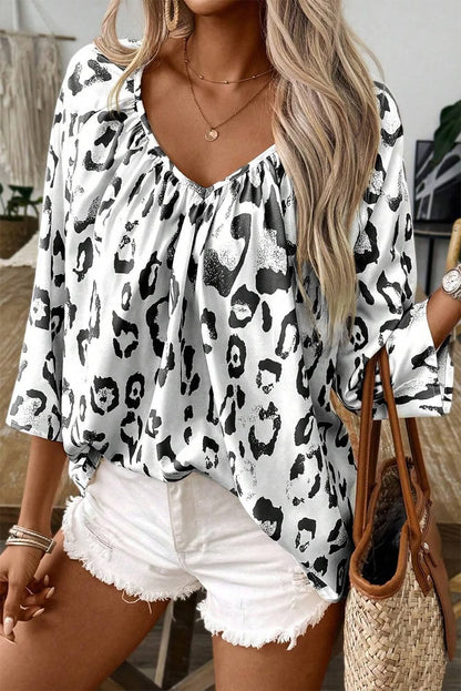 Leopard V-neck 3/4 Sleeve Blouse