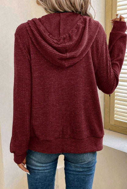 Burgundy Ribbed Zip Up Hooded Sweater