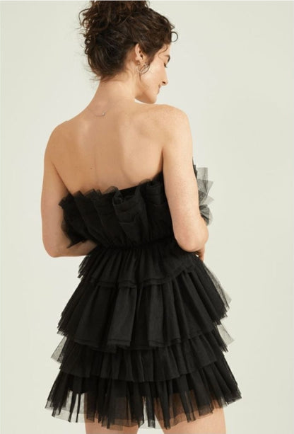 Bibi Black Mesh Tiered Strapless Party Dress