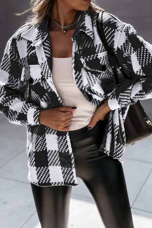 Black White Big Plaid Button Down Shacket