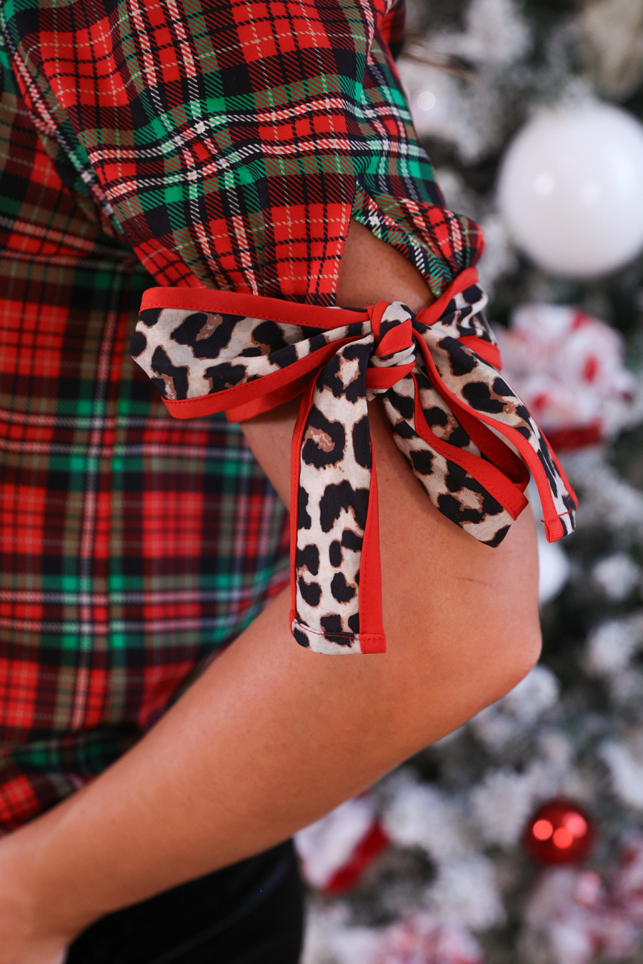 Jess Lea Christmas Plaid & Leopard Trim Short Sleeve Top