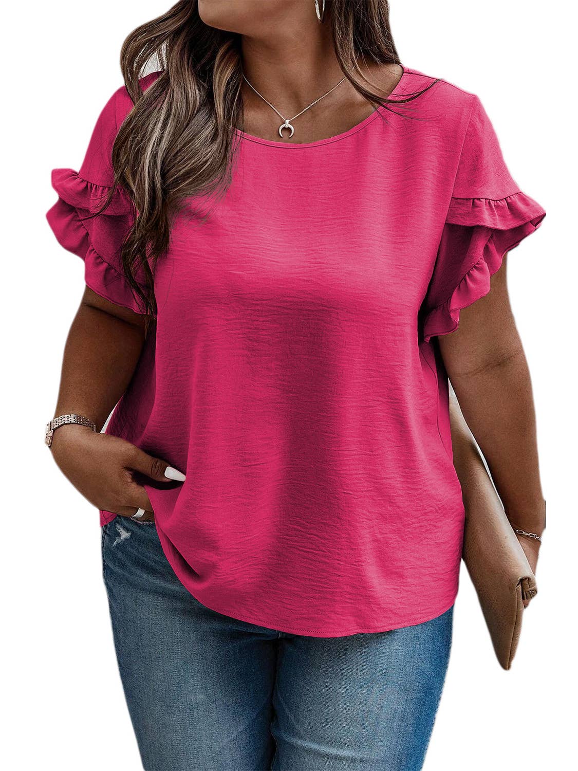 Plus Pink Ruffled Short Sleeve Top