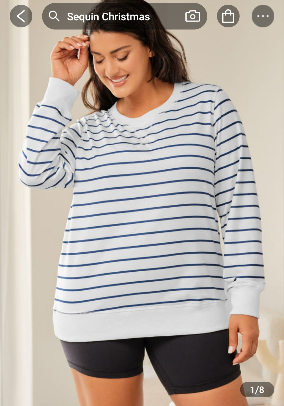 Plus White Blue Striped Crew Neck Long Sleeve Top