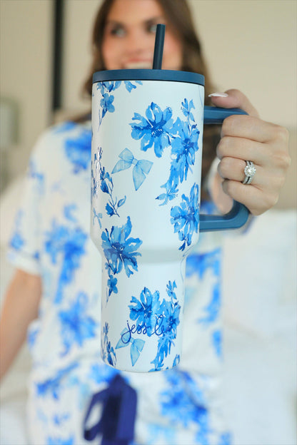Jess Lea Blue White Blossom Floral 40 Oz Tumbler with Straw
