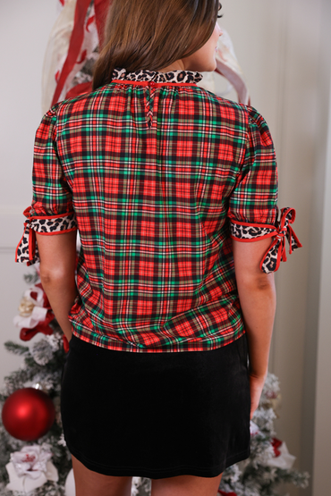 Jess Lea Christmas Plaid & Leopard Trim Short Sleeve Top