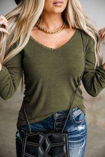 Olive V-neck Studded Trim Long Sleeve Top