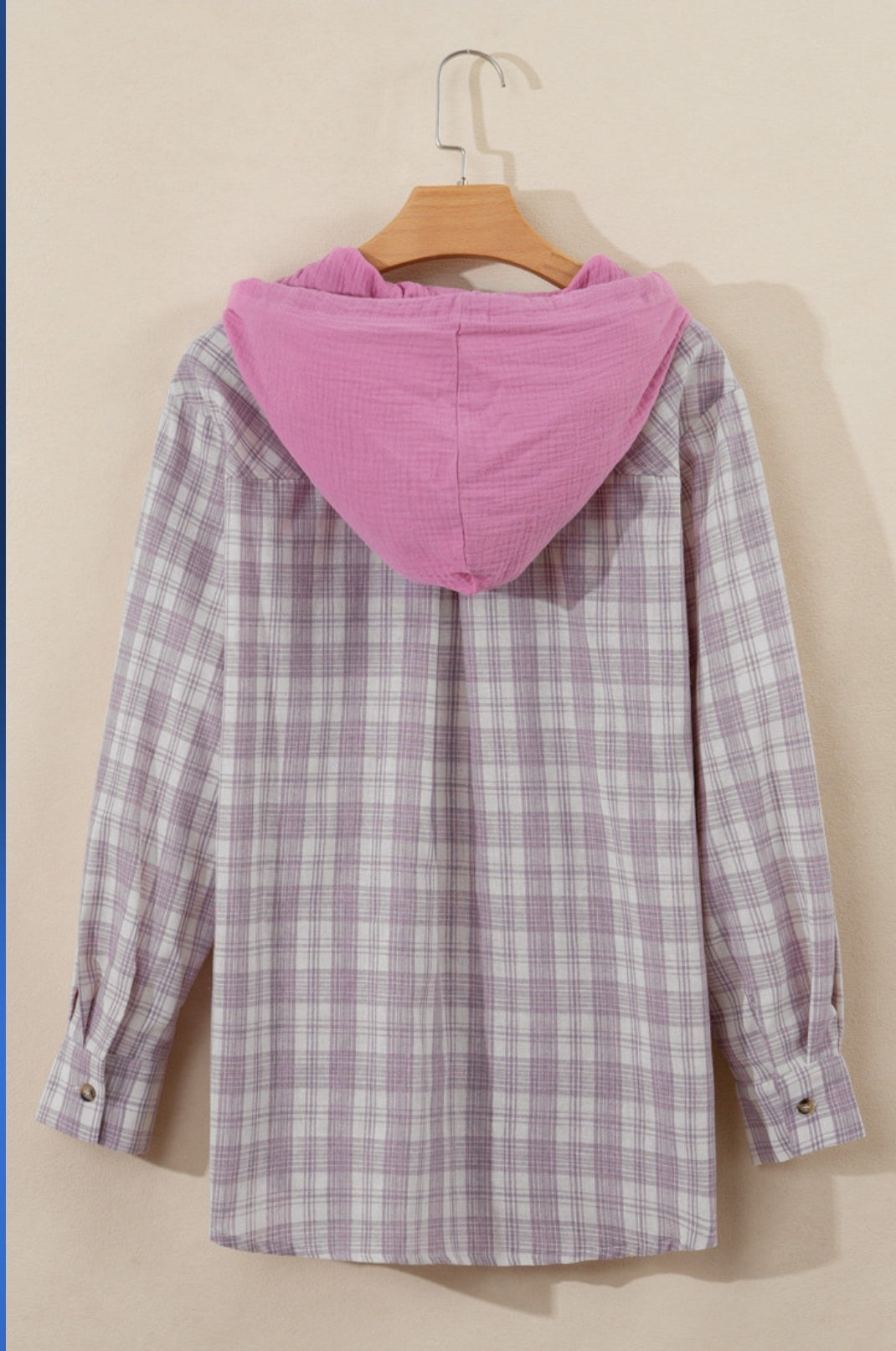 Lightweight Purple Plaid Hooded Button Down Shacket