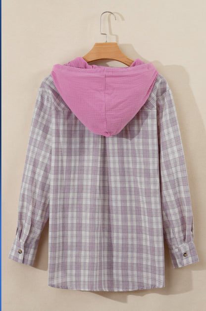 Lightweight Purple Plaid Hooded Button Down Shacket