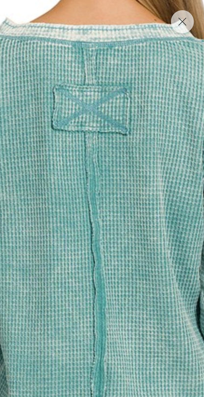 Zenana Teal Waffle Distressed Henley Long Sleeve Top