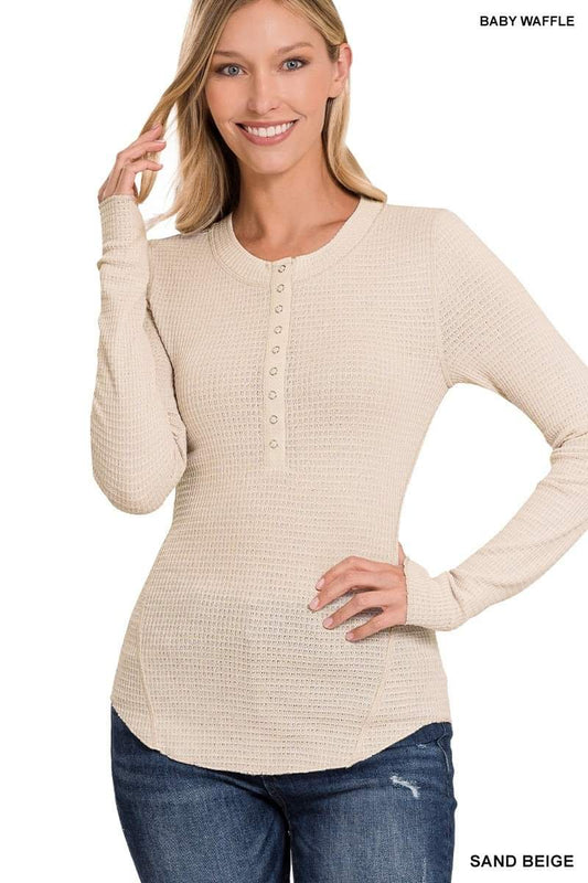 Zenana Sand Cream Waffle Snap Henley Long Sleeve Top