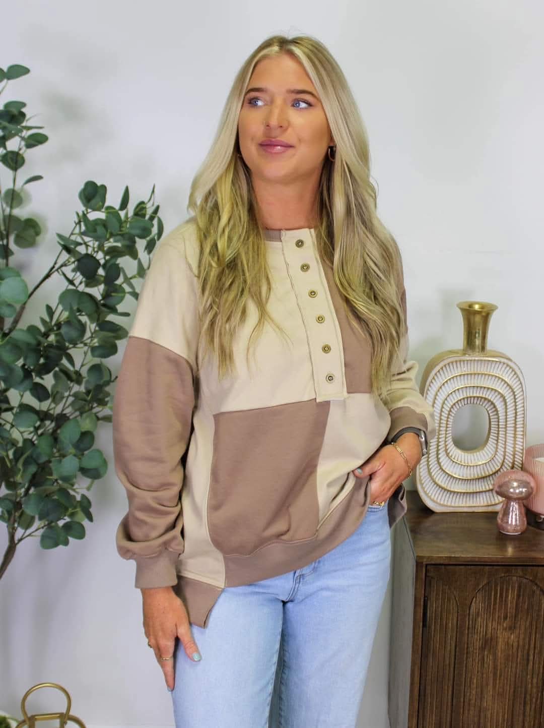 Brown Colorblock Henley Long Sleeve