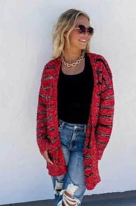 Blakeley Red Black Striped Speckled Open Cardigan