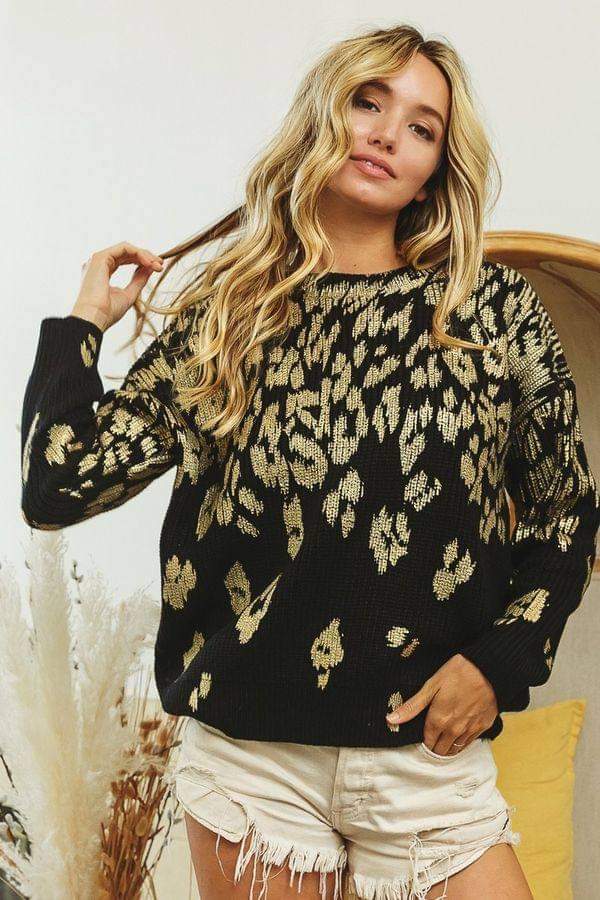 Bibi Black Metallic Gold Leopard Print Sweater