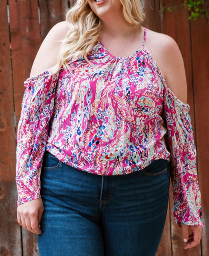 Plus Pink Abstract Cold Shoulder Long Sleeve Top