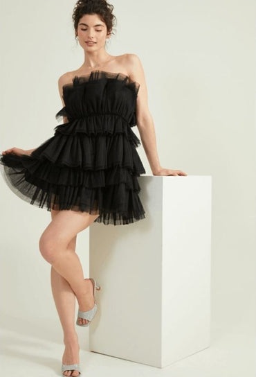 Bibi Black Mesh Tiered Strapless Party Dress
