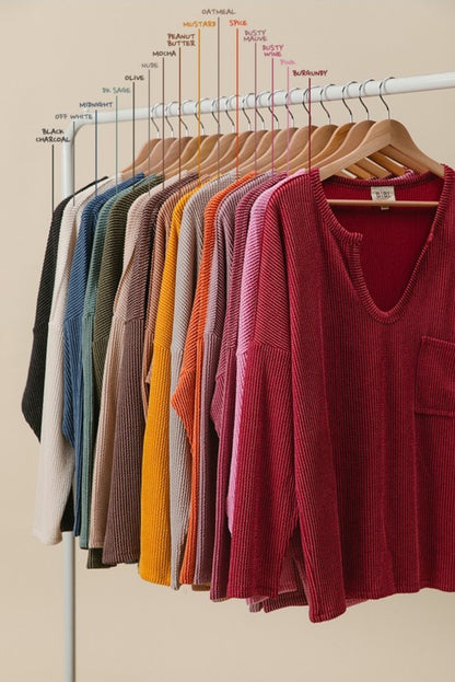 Bibi Red Ribbed V-neck Long Sleeve Top