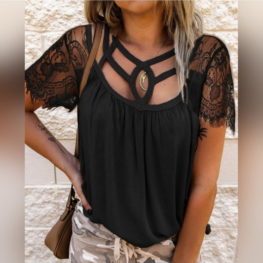 Black Cutout Neckline Lace Short Sleeve Top
