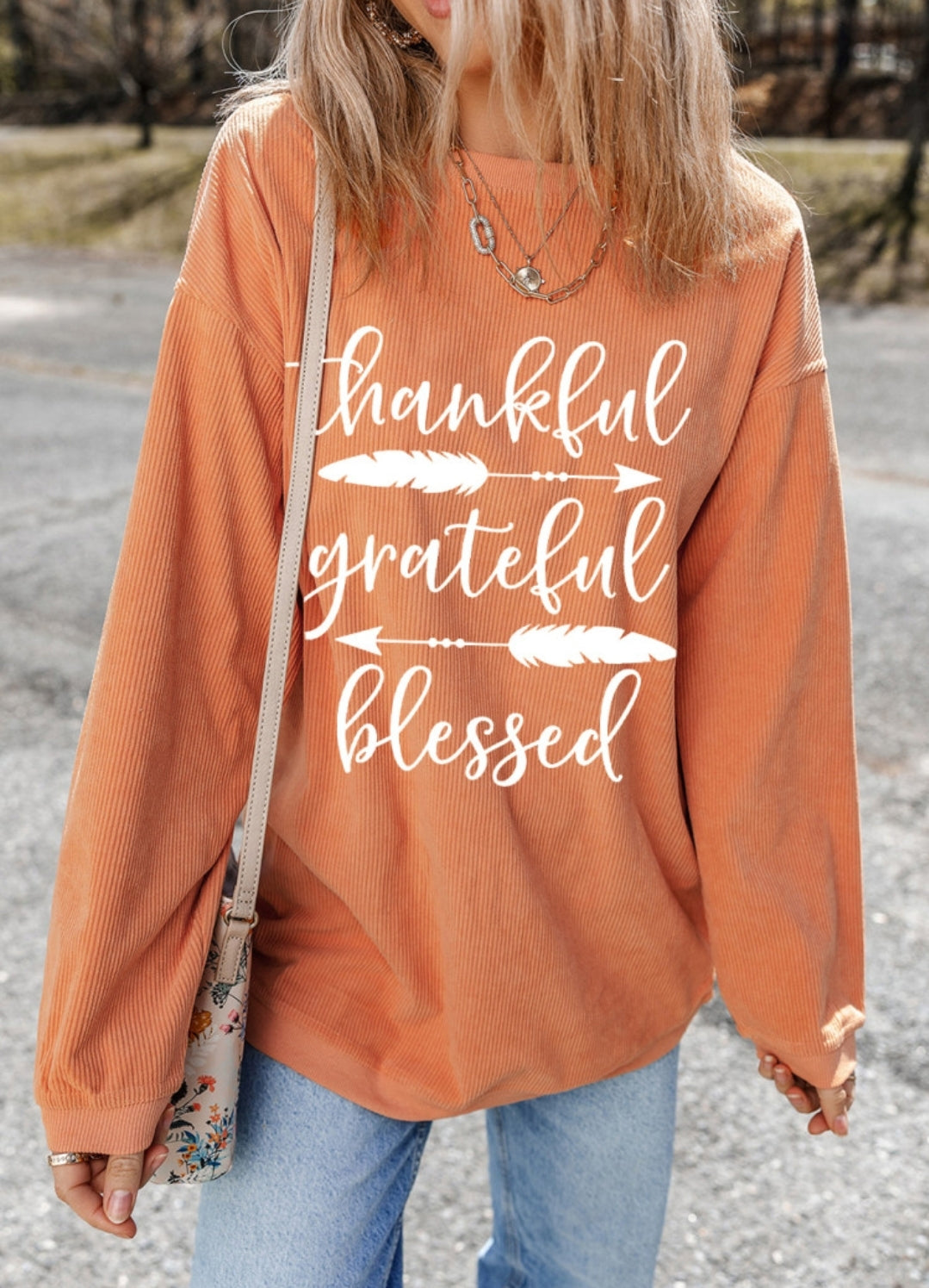 Orange Ribbed Thankful Grateful Blessed Long Sleeve Top