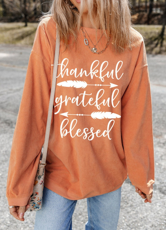Orange Ribbed Thankful Grateful Blessed Long Sleeve Top