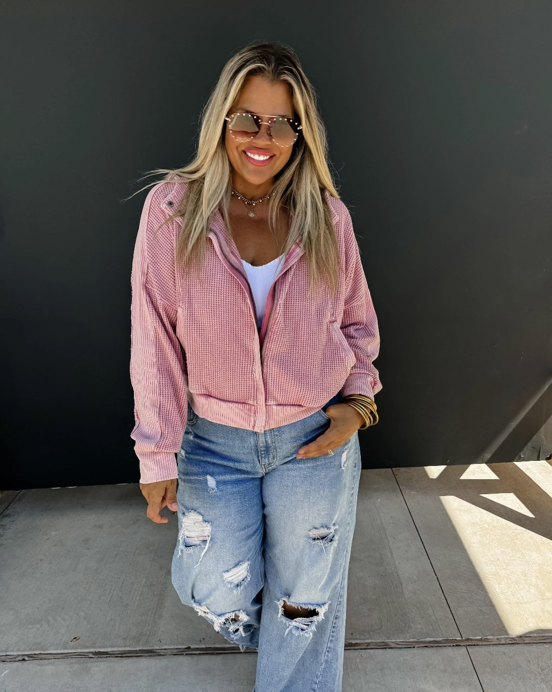 Blakeley Pink Mineral Wash Zip Up Hooded Sweatshirt