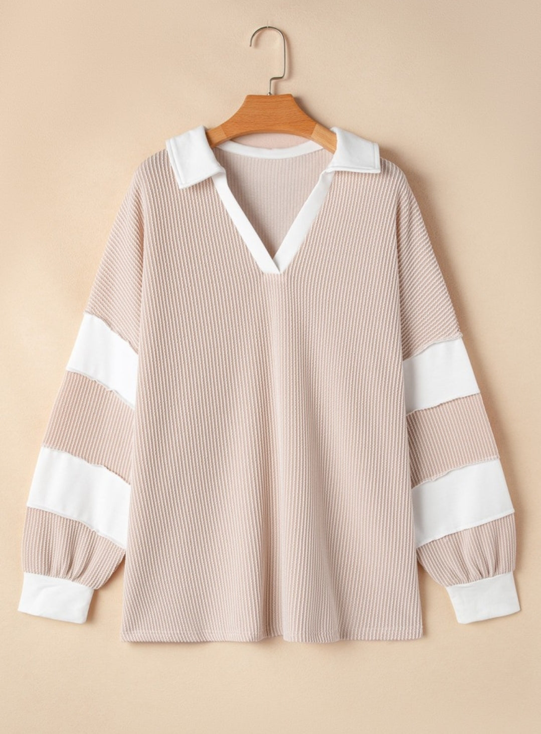 Plus Beige White Collared V-neck Ribbed Long Sleeve Top