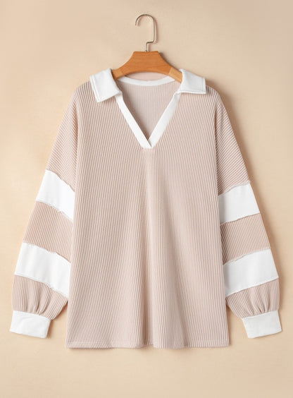 Plus Beige White Collared V-neck Ribbed Long Sleeve Top