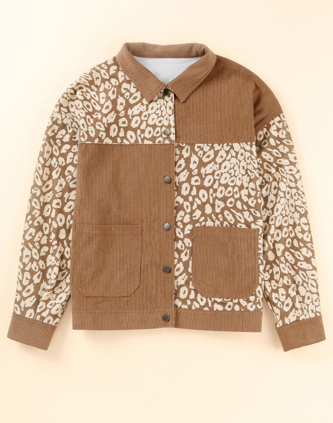 Brown Leopard Colorblock Corduroy Jacket
